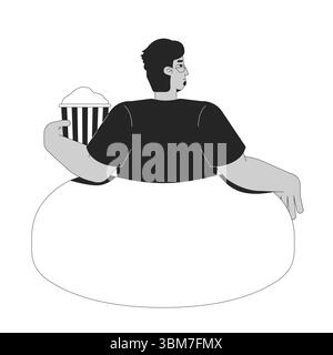 Occhiali uomo arabo che si rilassa sul sacchetto di fagioli con il carattere 2D del secchio di popcorn Illustrazione Vettoriale