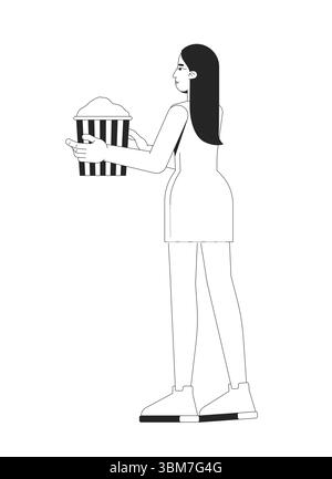Donna asiatica dai capelli lunghi in mini abito che trasporta il carattere 2D del secchio di popcorn Illustrazione Vettoriale