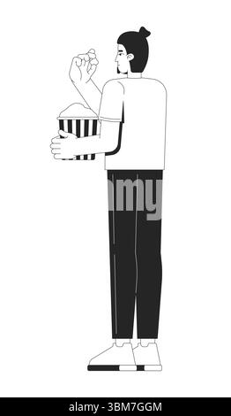 Uomo del topknot caucasico in piedi e mangiare popcorn 2D linea personaggio Illustrazione Vettoriale