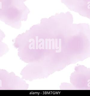 Motivo senza cuciture con macchie acquerello lavanda. Disegno astratto dipinto a mano con texture morbide e flusso artistico. Sfondo bianco. Ideale per tessuti, sfondi, imballaggi e cancelleria. Foto Stock