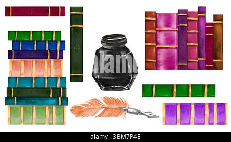Set di disegni ad acquerello pila di libri, pozzetti per inchiostro e penna a penna o penna isolata su sfondo bianco, illustrazione disegnata a mano. Clip art per adesivo, b Foto Stock