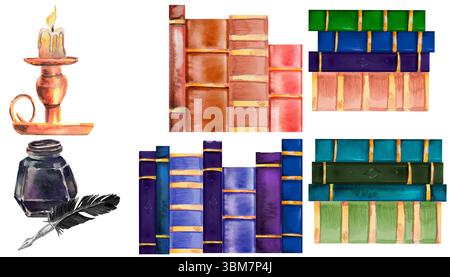 Set di disegni ad acquerello pila di libri, candelabro in bronzo, pozzetto per inchiostro e penna a penna o penna isolata su sfondo bianco, illustrazione disegnata a mano. CLI Foto Stock