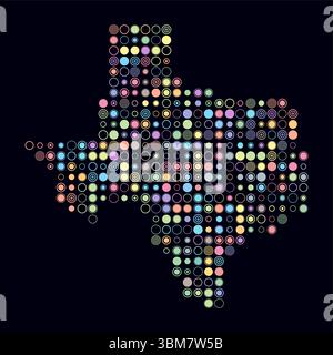 Texas, forma dello stato costruito con celle colorate. Mappa digitale del Texas su sfondo scuro. Blocchi circolari di grandi dimensioni. Illustrazione Vettoriale