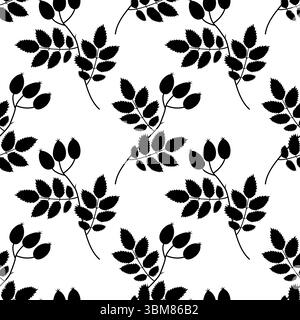 Silhouette disegnata a mano fianchi rosa su un ramo con foglie motivo senza cuciture sfondo minimalista Botanico. Illustrazione vettoriale isolata scheda tematica natura banner sfondo, opuscoli, etichetta prezzo. etichette Illustrazione Vettoriale