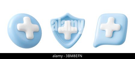 Collezione di icone di salute 3D - bianco più simboli su bolla, scudo e cerchio blu pastello. Speak cloud per applicazioni mediche, siti Web sanitari, branding ospedaliero o progettazione di farmacie. Illustrazione Vettoriale