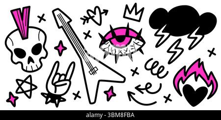 Doodle punk rock con teschio e chitarra, fulmini e occhio spiky, corona e fiamme. Audaci icone rosa e nere disegnate a mano per la cultura musicale alternativa, la moda grunge e l'arte underground. Illustrazione Vettoriale