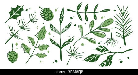 Set verde verde invernale con aghi di pino, foglie di agrifoglio ed elementi ramificati - pincono, ramoscelli sempreverdi, decorazioni botaniche per il design natalizio. Piante forestali naturali di ramoscelli di conifere Illustrazione Vettoriale