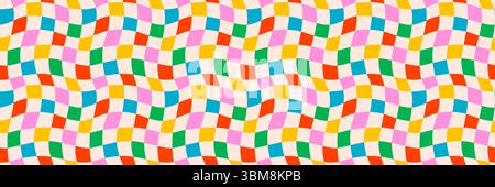 Sfondo colorato a scacchi ondulati con quadrati rossi, verdi, gialli, blu e rosa. Divertente vettore senza cuciture per l'arredamento dei bambini, carta da imballaggio per feste Illustrazione Vettoriale