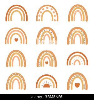 Set di arcobaleni decorativi disegnati a mano in stile boho con cuori puntini e forme di sole in morbidi colori terrosi Illustrazione Vettoriale