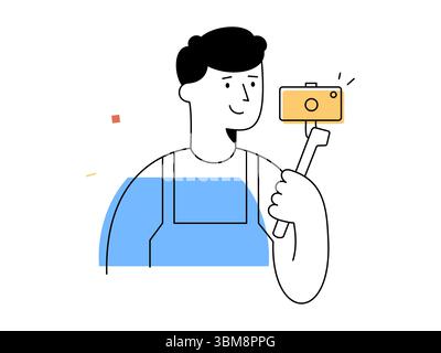 Un vlogger maschio felice tiene la fotocamera su un selfie che registra contenuti video, rappresentando la moderna creazione di contenuti sui social media e la tecnologia digitale Illustrazione Vettoriale