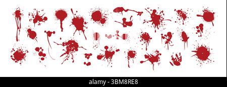 Spruzzare gocce di inchiostro di vernice, macchie rosse, schizzi di liquidi o blot. Schizzi di sangue, macchie di graffiti, schizzi o macchie di inchiostro per il design di halloween. Il pennello sbatte, macchie con effetti criminali horror Illustrazione Vettoriale