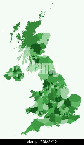 Mappa del Regno Unito con le regioni. Solo una semplice mappa di confine con la divisione della regione. Tavolozza dei colori verde. Illustrazione Vettoriale