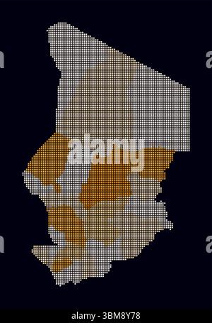 Cartina punteggiata in Ciad. Mappa digitale del paese su sfondo scuro. Forma cialda con punti quadrati. Stile puntini colorati. Quadrati di piccole dimensioni. Illustrazione Vettoriale