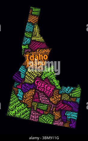 Cloud Word delle regioni dell'Idaho. Design tipografico luminoso su sfondo scuro. I nomi delle regioni dell'Idaho tag cloud. Forma del contorno. Illustrazione Vettoriale