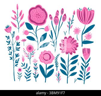 Set di diversi fiori vettoriali rosa . disegnato a mano. Non ai, illustrazione vettoriale Illustrazione Vettoriale