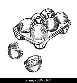 Uova di gallina, uovo, uova spezzate. Tutto è disegnato a mano con inchiostro e tradotto in vettoriale. L'illustrazione è adatta per la stampa su alimenti Illustrazione Vettoriale