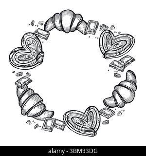 Una corona di panini dolci, croissant, cioccolato. Tutti gli oggetti sono disegnati a mano in vettore. L'illustrazione è adatta per la stampa su confezioni di alimenti, menu Illustrazione Vettoriale