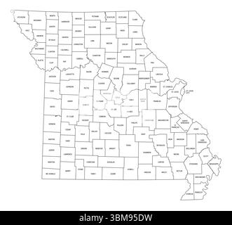 Stato del Missouri, suddiviso in 114 contee e città indipendente di St. Louis, mappa politica. Stato nella regione Midwest degli Stati Uniti. Foto Stock