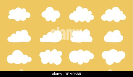 Nuvole piatte. Elementi meteo modelli minimalisti. Soffici nuvole. Puffy, cumulus nuvole. Oggetti in orizzontale. Modelli di moduli nuvolosi. Disegnato a mano bianco Illustrazione Vettoriale