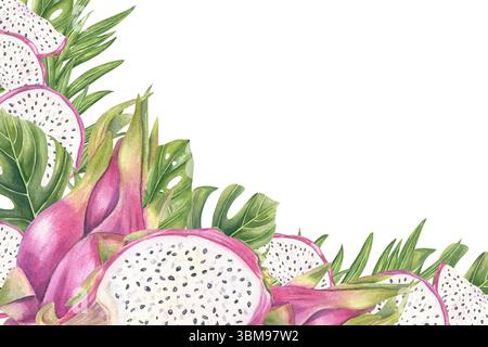 Il frutto del drago rosa, la monstera e il filodendro lasciano una cornice orizzontale ad acquerello sullo sfondo isolato. Composizione esotica di pitahaya dolce con spazio Foto Stock