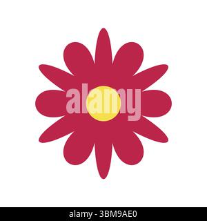 Fiore rosso con centro giallo su sfondo bianco in stile cartoni animati piatto. Illustrazione vettoriale. Illustrazione Vettoriale