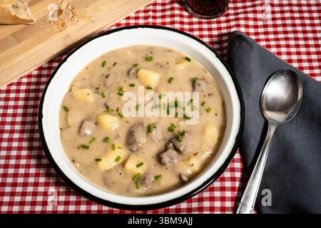 Cuori di pollo e zuppa di patate serviti in una ciotola rustica in smalto, guarnita con erba cipollina fresca, su tovaglia a scacchi Foto Stock