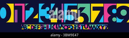 Carattere numerico astratto colorato, alfabeto geometrico giocoso con vivace creatività per il logo creativo, titolo del poster Illustrazione Vettoriale
