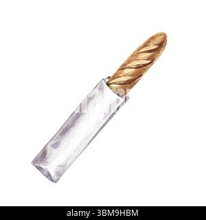 Baguette francese in un lungo sacchetto di carta. Illustrazione ad acquerello disegnata a mano. Isolamento. Immagine a colori. Elemento della cucina francese. Per menu e ricette Foto Stock