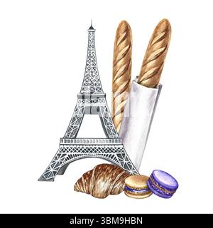 Baguette francese, macaroon, croissant e Torre Eiffel. Illustrazione ad acquerello disegnata a mano. Immagine colorata. Famosi dolci francesi. Per menu e. Foto Stock