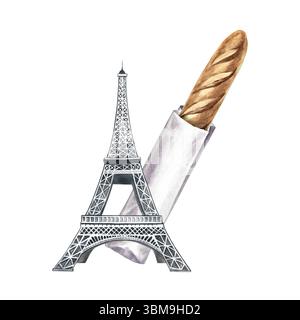 Baguette francese in un sacchetto di carta e la Torre Eiffel. Illustrazione ad acquerello disegnata a mano. Isolamento. Immagine a colori. Elemento della cucina francese. Per il menu Foto Stock