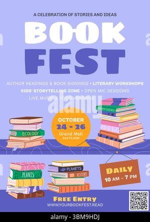 Poster o opuscolo verticale del Festival del libro. Vettore. Illustrazione Vettoriale