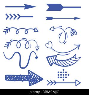 Set vettoriale con freccia disegnata a mano – frecce direzionali di schizzo per uso Web e progettazione. Illustrazione Vettoriale