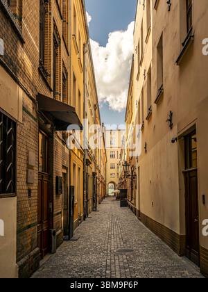 Vista panoramica di uno stretto sentiero lastricato fiancheggiato da edifici storici urbani, che racchiudono fascino, tradizione e architettura. Polonia Foto Stock