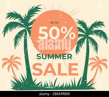 Modello per poster di vendita in stile retrò con palme verdi e rosa disegnate a mano, erba e testo per sconti. Illustrazione vettoriale, perfetta per promozioni estive, annunci pubblicitari, vetrine di negozi e design di social media Illustrazione Vettoriale