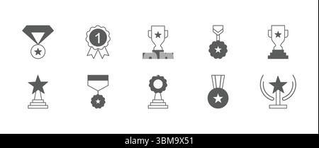 Set di icone della linea premi. Trofeo, medaglia, icona del premio del vincitore. Illustrazione vettoriale. Illustrazione Vettoriale