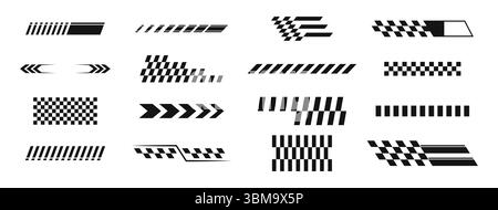 Set vettoriale di strisce da corsa, vettore di auto da corsa, design di bandiere a scacchi, velocità di strisce da corsa, motivi decalcomanie, linee dinamiche, concorrenza, grafica automobilistica Illustrazione Vettoriale