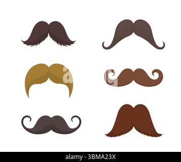 Una vivace collezione di illustrazioni di baffi colorati in vari stili e forme. Illustrazione Vettoriale