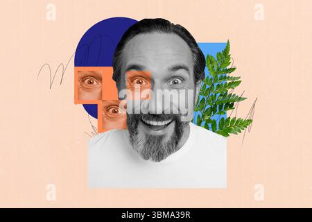Poster trend sketch collage di foto 3D di uomo anziano volto ricerca del sorriso messa a fuoco orologio fuga vista occhi allucinazioni trend foglie di piante di carta Foto Stock