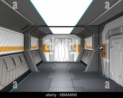 L'interno di un corridoio che porta a due diverse porte all'interno di una nave spaziale. Foto Stock