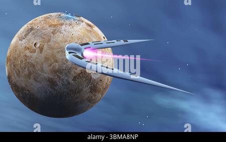 Una navicella terrestre vola vicino al pianeta nano Cerere nella fascia degli asteroidi. Foto Stock