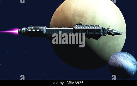 Una navicella spaziale vola vicino a un esopianeta e alla sua luna fuori dal nostro sistema solare. Foto Stock