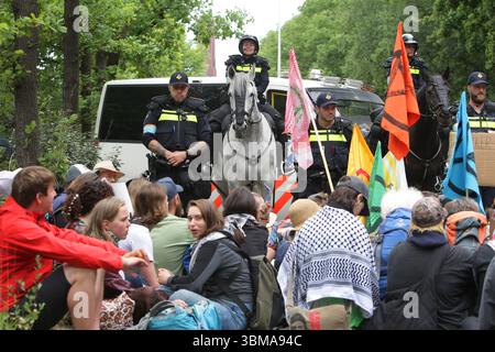 Attivisti ambientalisti dalla ribellione dell'estinzione bloccano la strada durante la protesta contro il vertice NATO il 25 giugno 2025 a l'Aia, Paesi Bassi. Foto Stock