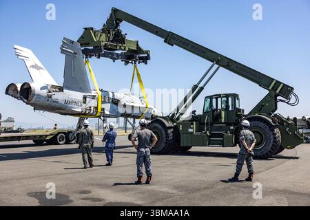 I membri della Japan Air Self-Defense Force con il 5th e il 6th Air Wing, i membri della Japan Maritime Self-Defense Force con Fleet Air Wing 31 osservano un F/A-18C H. Foto Stock
