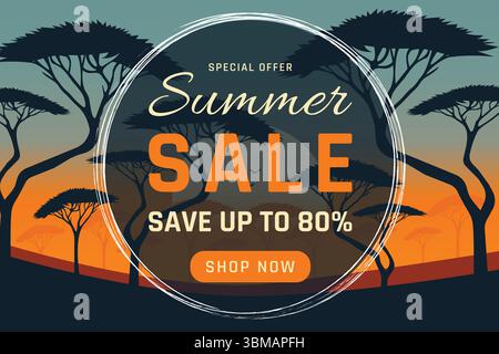 savannah al tramonto con sagome di alberi illustrazione vettoriale piatta. Illustrazione Vettoriale