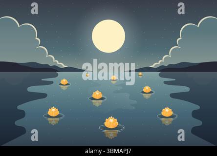 Tranquilla scena notturna sul fiume con le Lanterne e il vettore lunare. Illustrazione Vettoriale