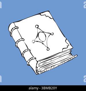 Un libro di incantesimi di un mago disegnato a mano. Illustrazione Vettoriale