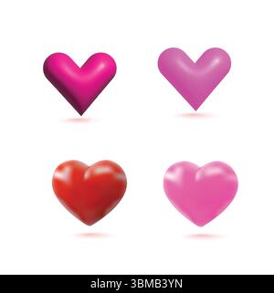 Set di icone carine a forma di cuore in 3D con toni rosa e rossi Illustrazione Vettoriale