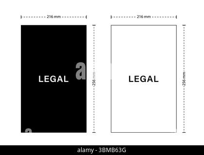 Dimensioni del tampone Legal. Formato documento negli Stati Uniti. Fogli di carta in bianco e nero. Illustrazione vettoriale in stile piatto Illustrazione Vettoriale