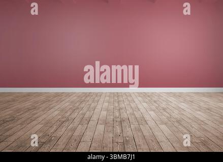 Le camere vuote sono mostrate in un design piatto con pavimento in legno, base bianca e parete rosa Foto Stock