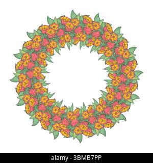 Arte di linea disegnata a mano Isole canarie fiori corona di fiori di campana. Modello per carte con graziosa cornice floreale Illustrazione Vettoriale